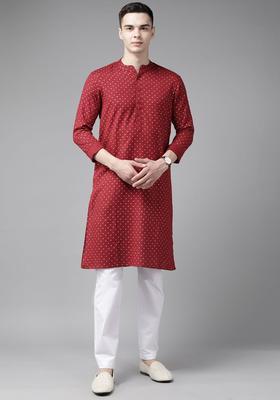 Maroon Printed Cotton Kurta Set For Men