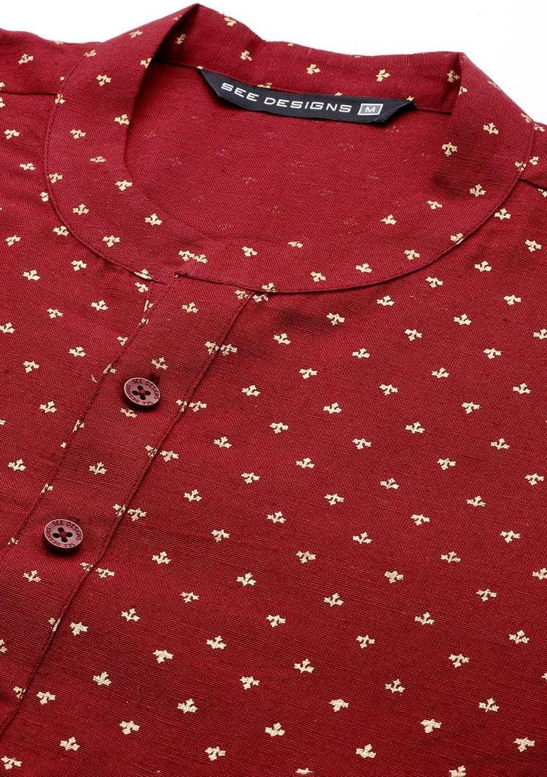 Maroon Printed Cotton Kurta Set For Men - Indya