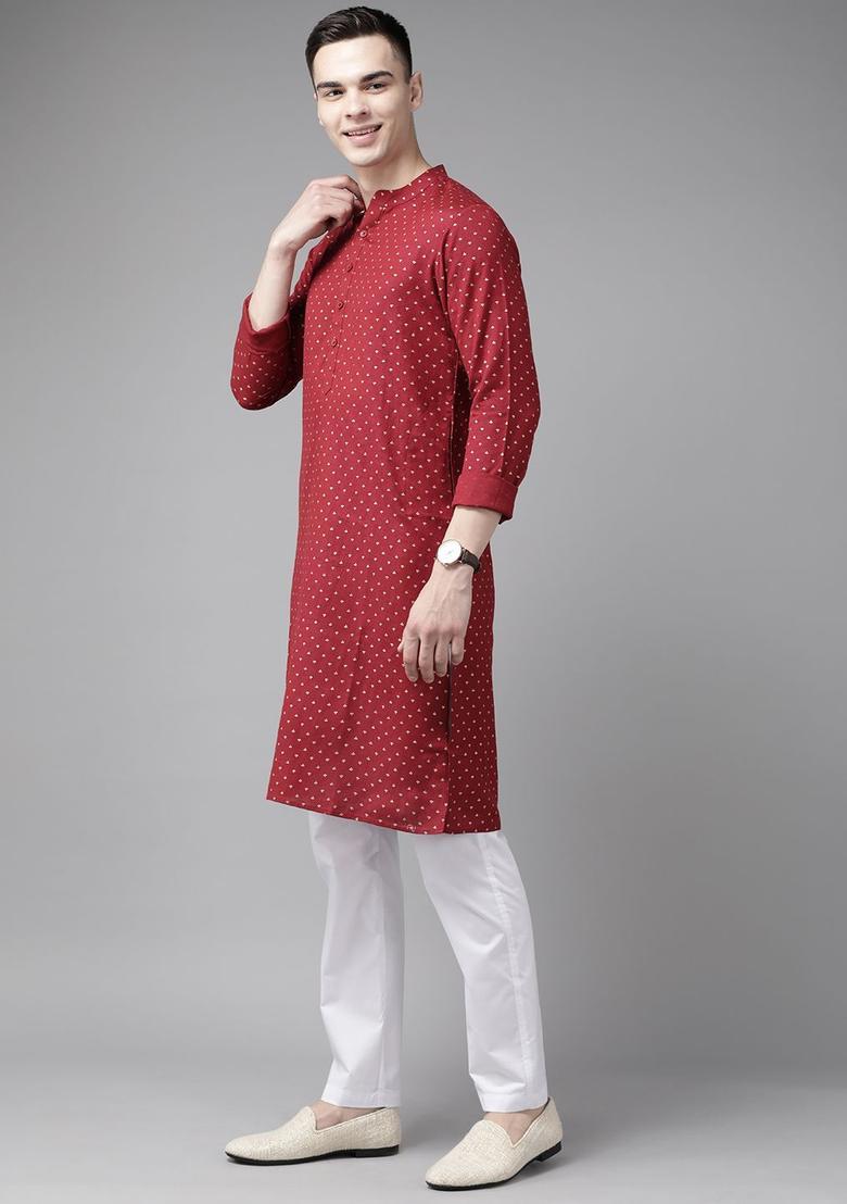 Maroon Printed Cotton Kurta Set For Men - Indya