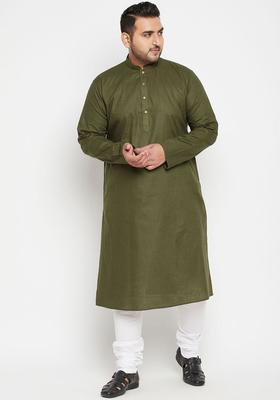Olive Solid Cotton Kurta Set For Men