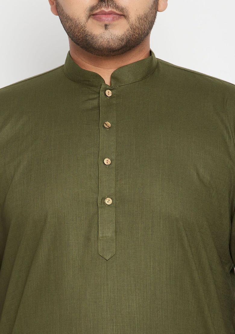 Olive Solid Cotton Kurta Set For Men - Indya