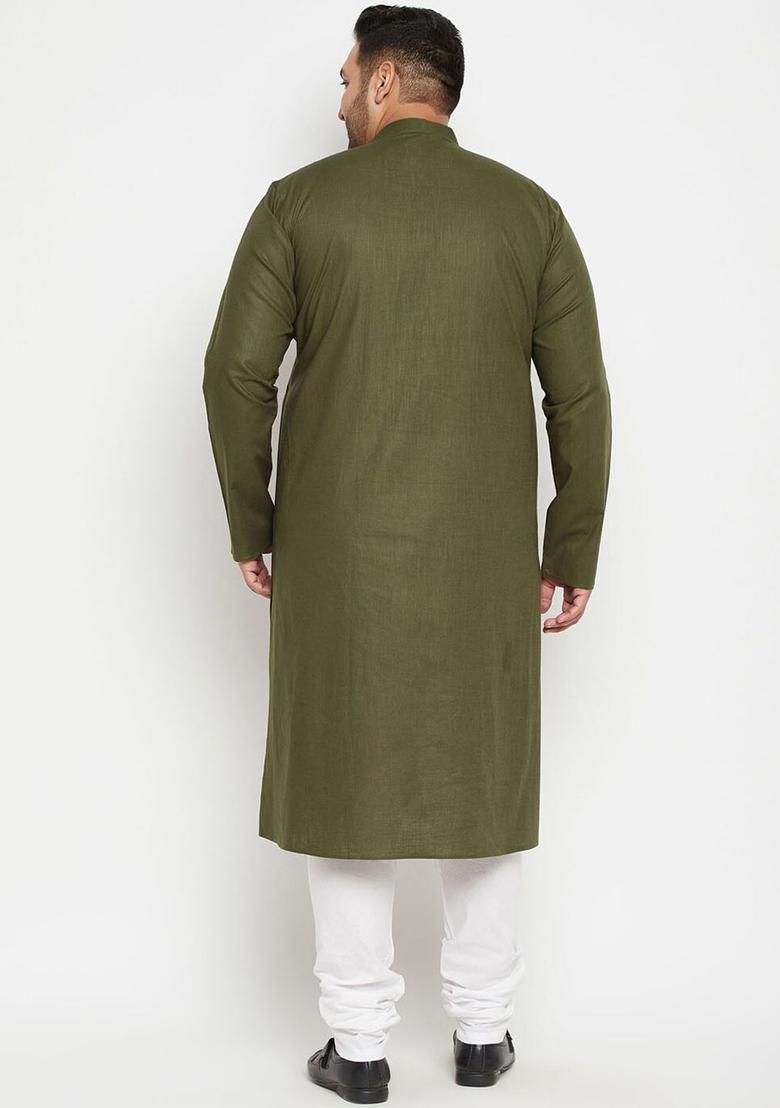 Olive Solid Cotton Kurta Set For Men - Indya