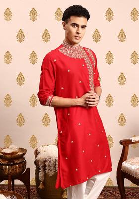 Red Embroidered Viscose Kurta Set For Men