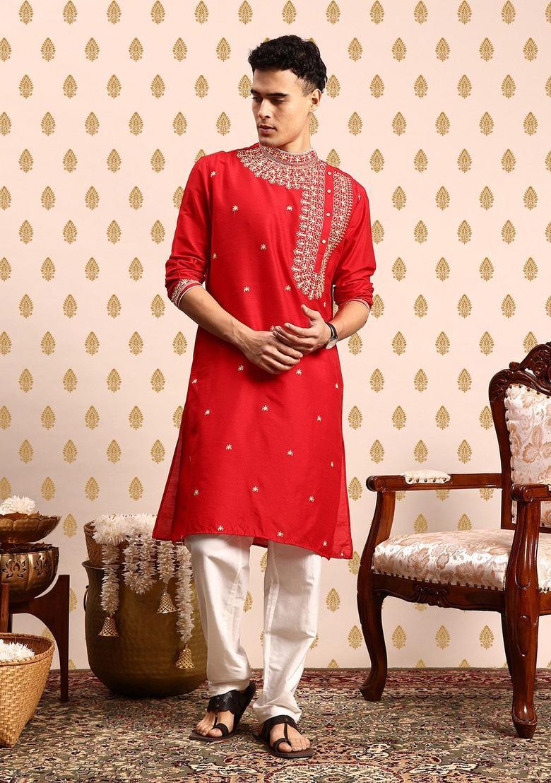 Red Embroidered Viscose Kurta Set For Men - Indya
