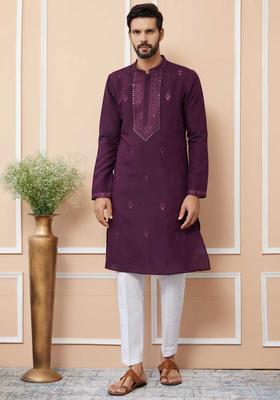 Purple Embroidered Silk Kurta Set For Men