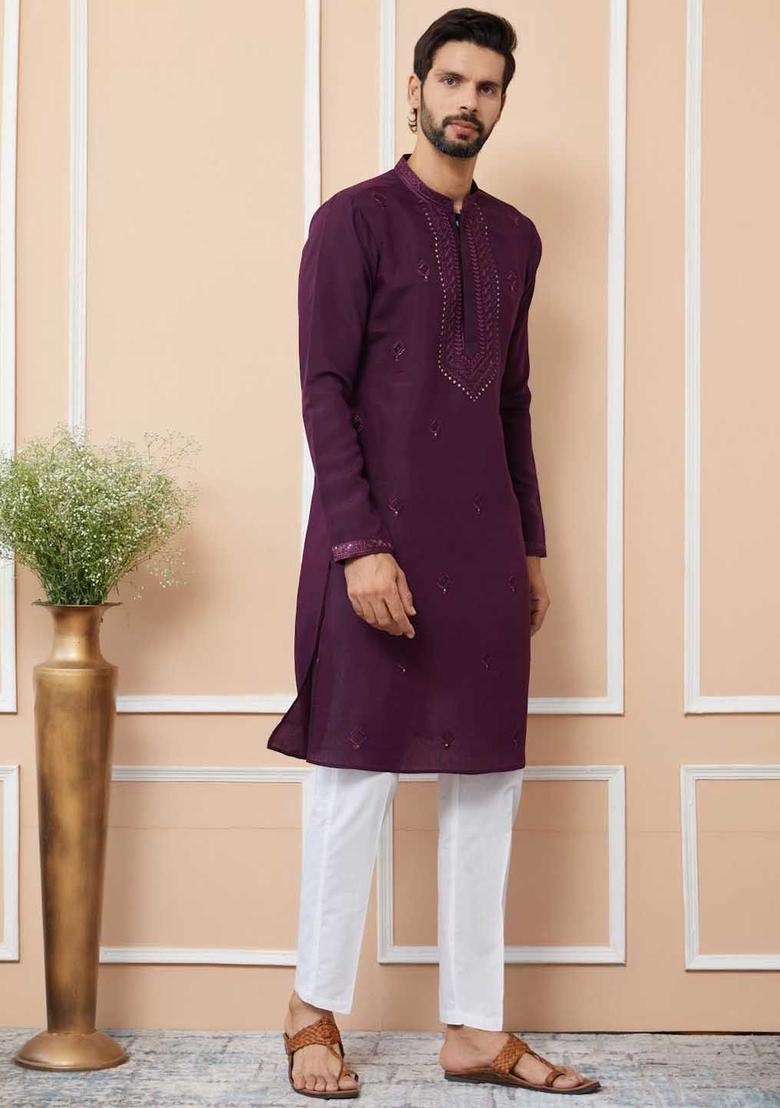 Purple Embroidered Silk Kurta Set For Men - Indya