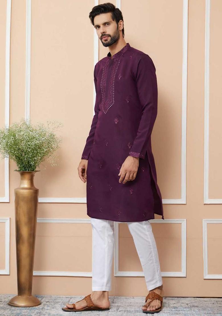 Purple Embroidered Silk Kurta Set For Men - Indya