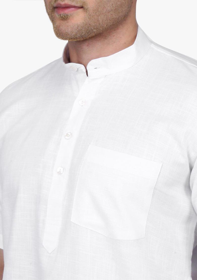 White Solid Cotton Kurta Set For Men - Indya