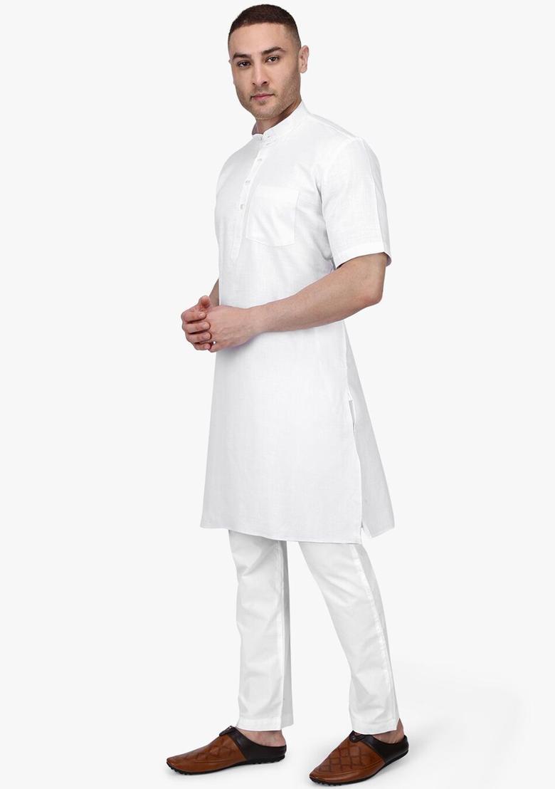 White Solid Cotton Kurta Set For Men - Indya