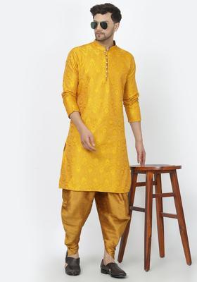 Yellow Woven Design Silk Kurta Set For Men