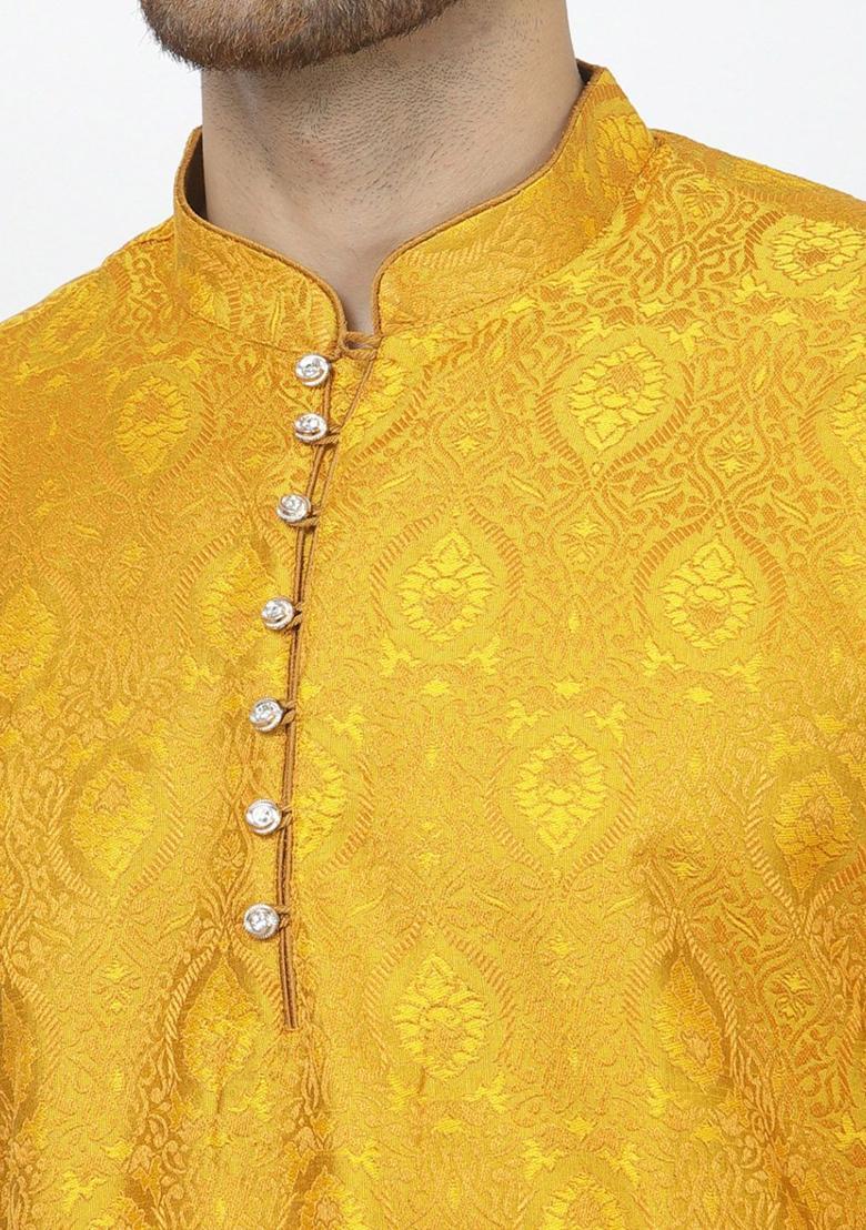 Yellow Woven Design Silk Kurta Set For Men - Indya