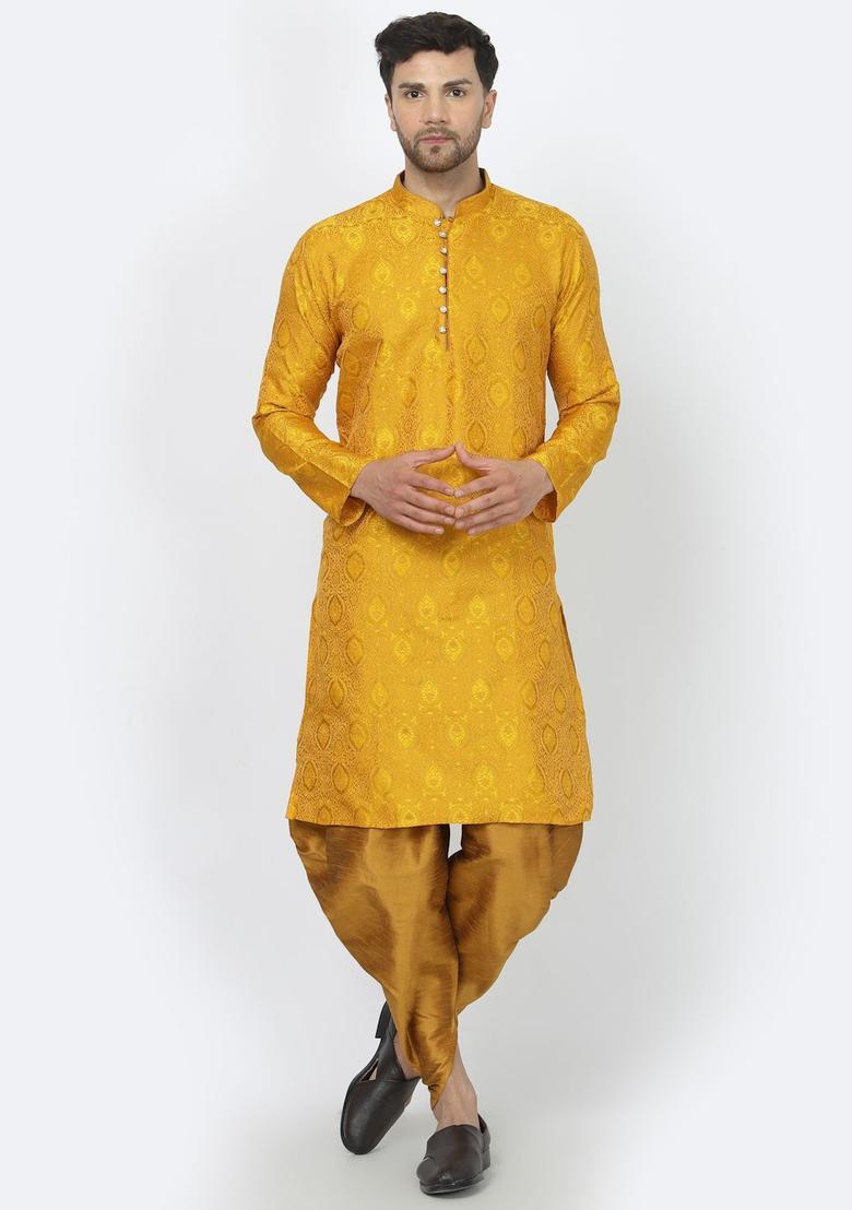 Yellow Woven Design Silk Kurta Set For Men - Indya