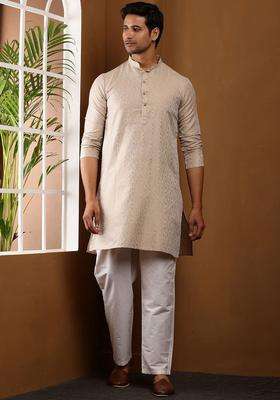 Beige Solid Viscose Kurta Set For Men