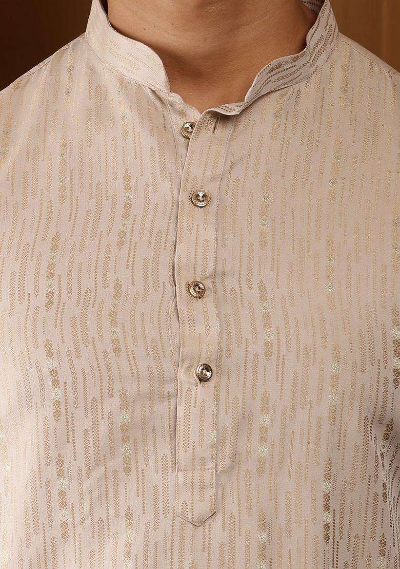 Beige Solid Viscose Kurta Set For Men - Indya