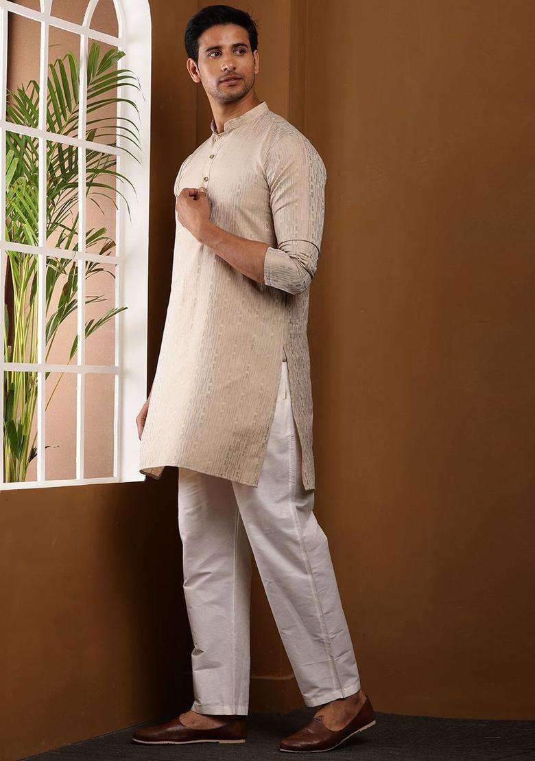 Beige Solid Viscose Kurta Set For Men - Indya
