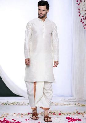 Beige Solid Cotton Kurta Set For Men
