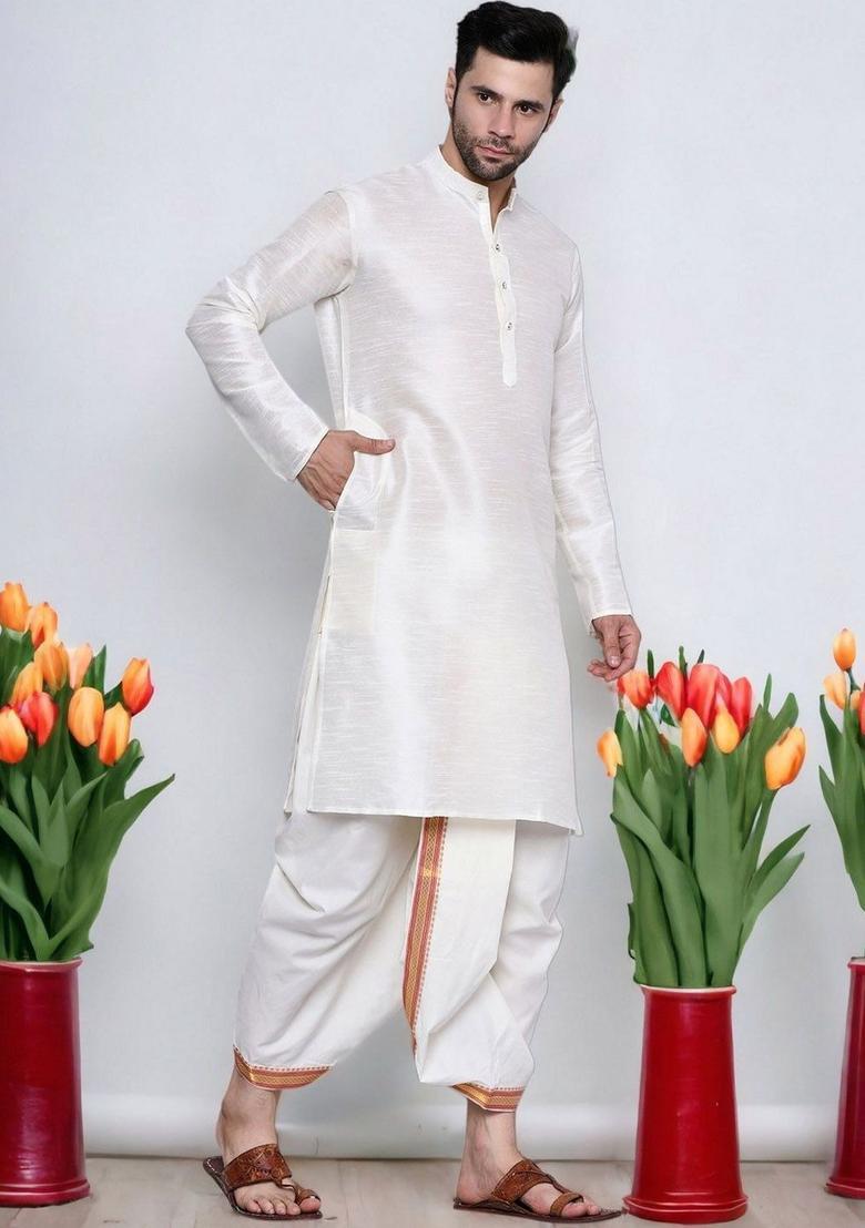 Beige Solid Cotton Kurta Set For Men - Indya