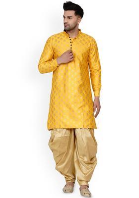 Yellow Printed Silk Blend Kurta Set For Men