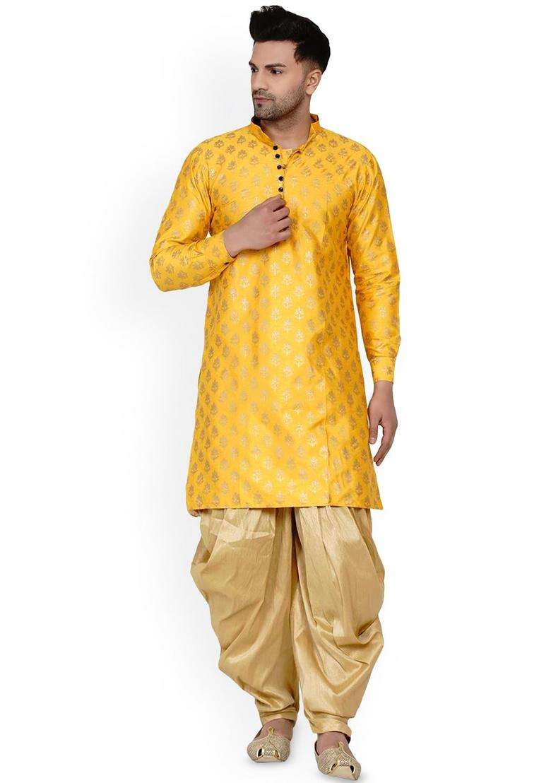 Yellow Printed Silk Blend Kurta Set For Men - Indya
