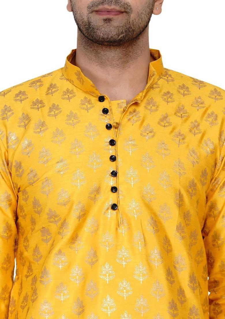 Yellow Printed Silk Kurta Set For Men - Indya