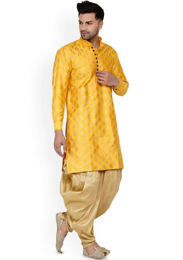 Yellow Printed Silk Blend Kurta Set For Men - Indya