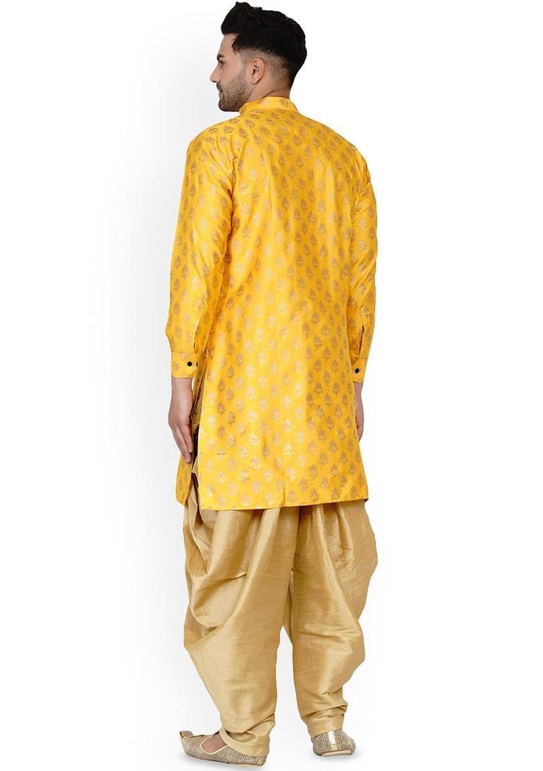 Yellow Printed Silk Kurta Set For Men - Indya