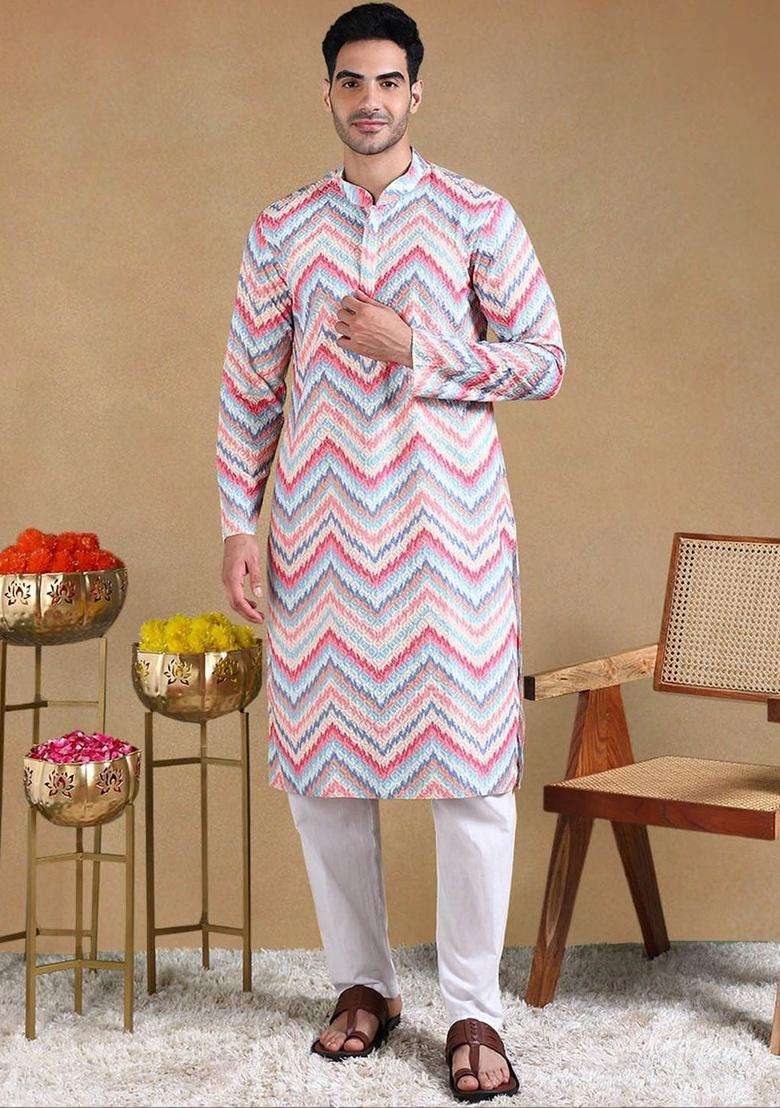 Multi Printed Viscose Kurta Set For Men - Indya