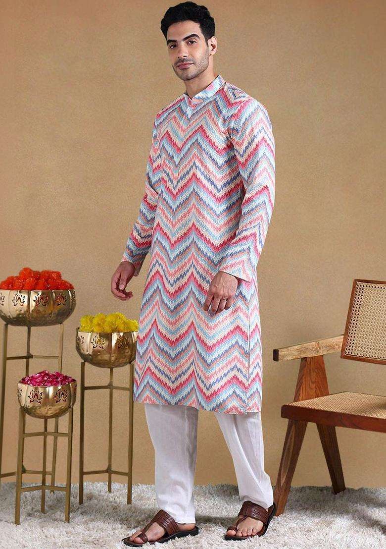 Multi Printed Viscose Kurta Set For Men - Indya