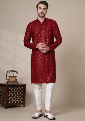 Maroon Embroidered Cotton Kurta Set For Men
