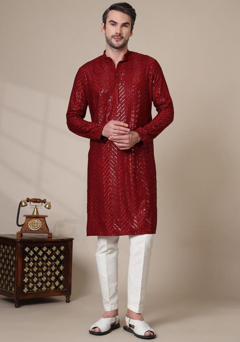 Maroon Embroidered Cotton Kurta Set For Men - Indya