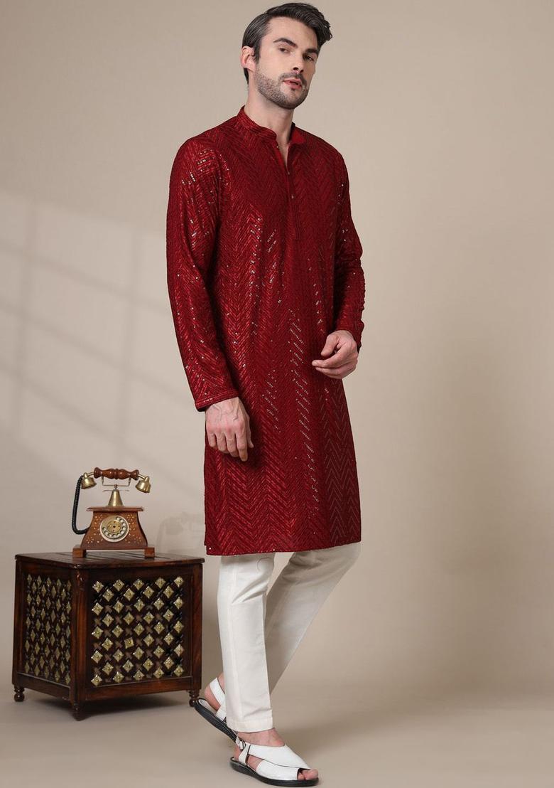 Maroon Embroidered Cotton Kurta Set For Men - Indya