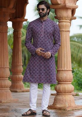 Purple Embroidered Silk Kurta Set For Men