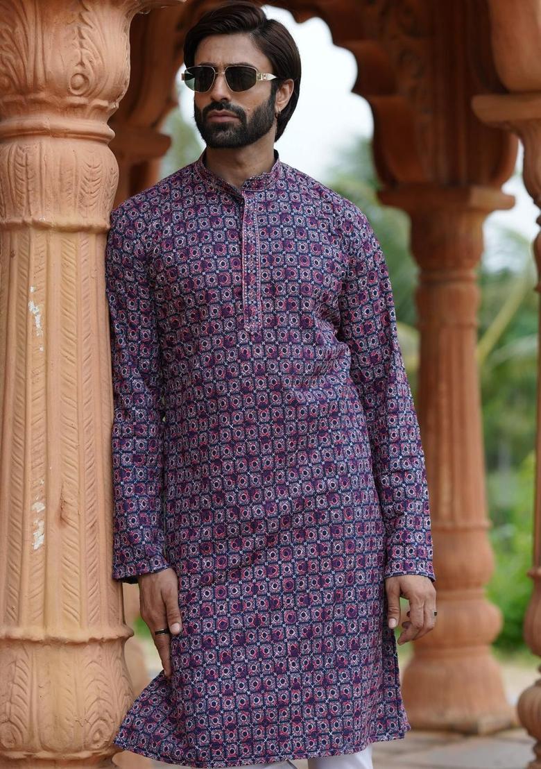 Purple Embroidered Silk Kurta Set For Men - Indya