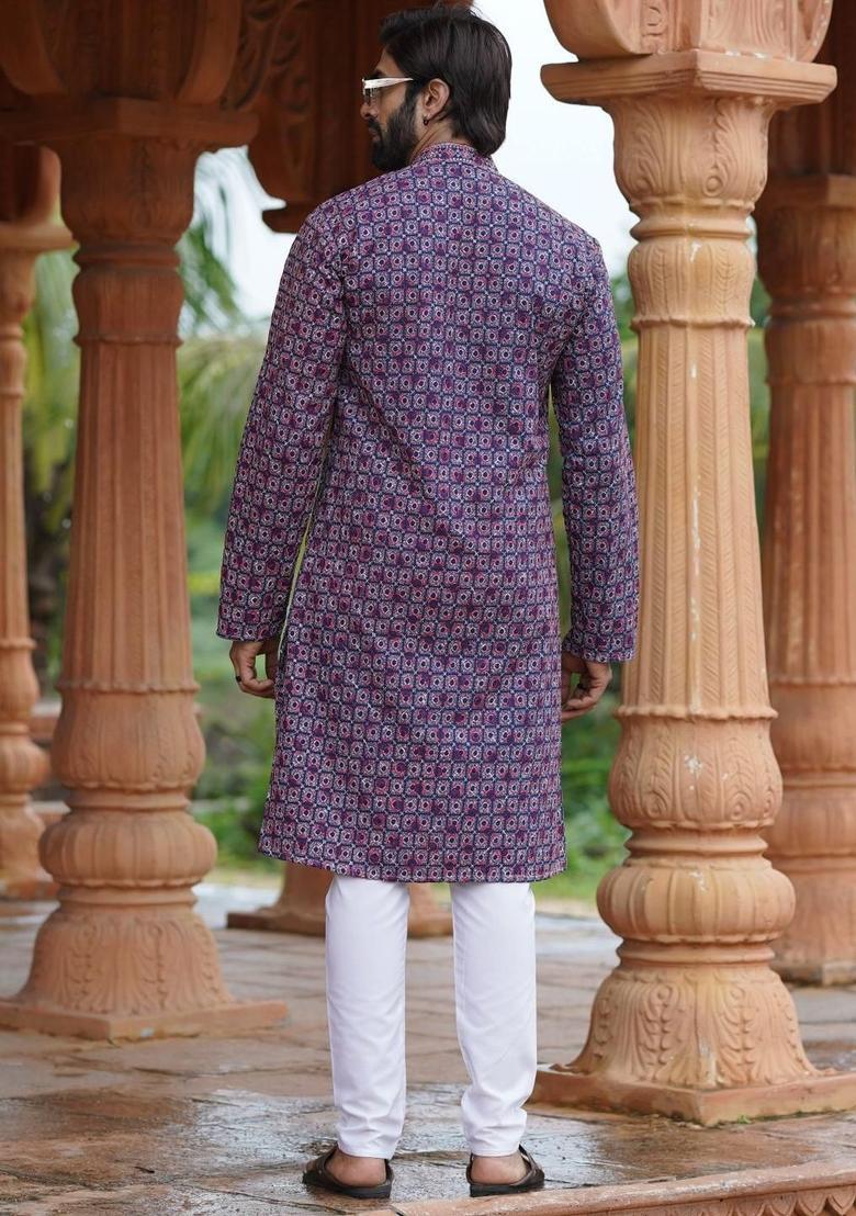 Purple Embroidered Silk Kurta Set For Men - Indya