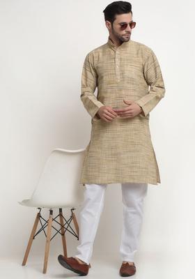 Cream Solid Cotton Kurta Set For Men