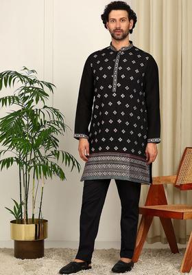 Black Woven Design Cotton Kurta Set For Men