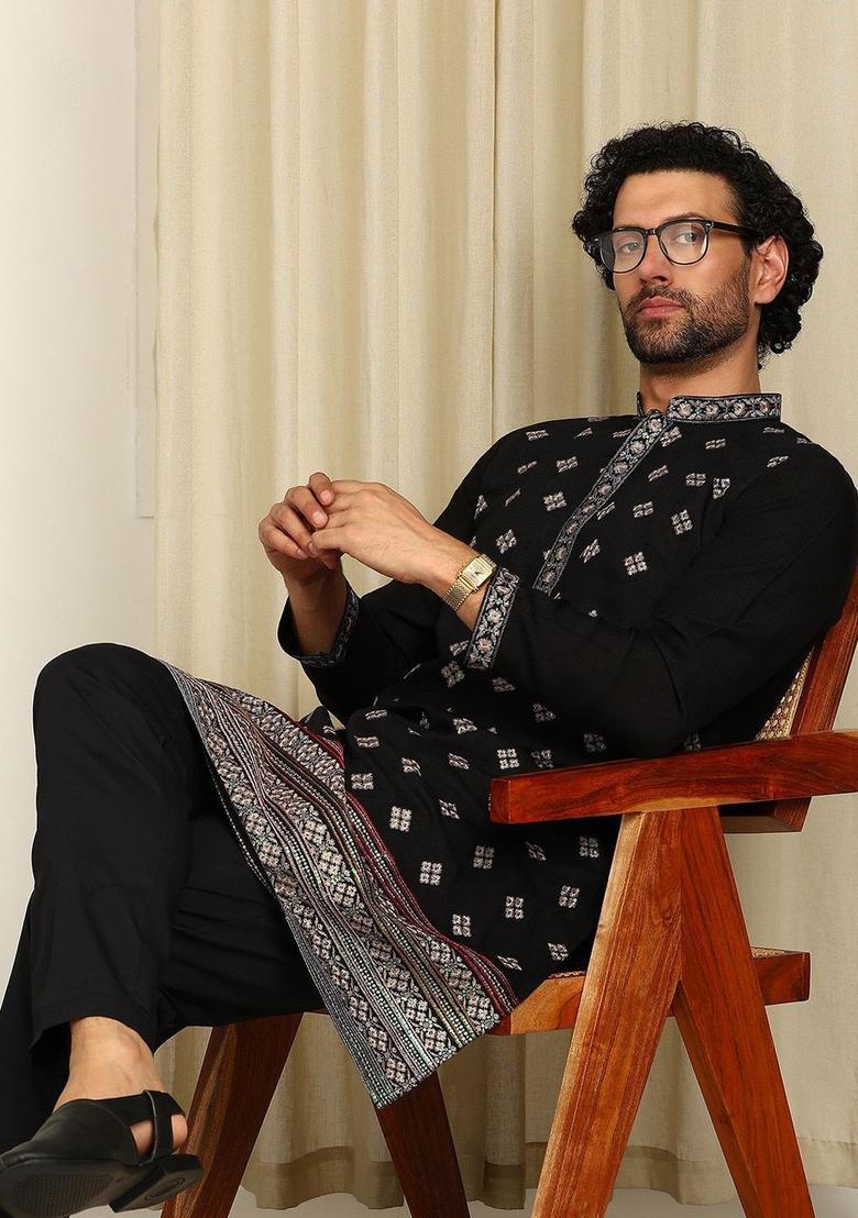 Black Woven Design Cotton Kurta Set For Men - Indya