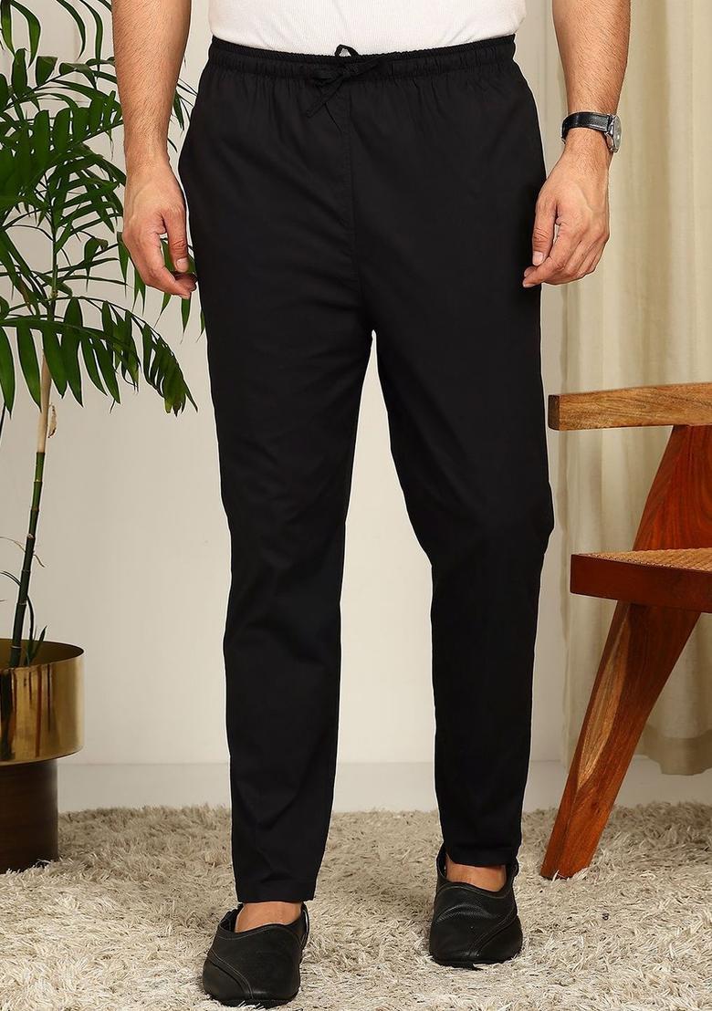 Black Woven Design Cotton Kurta Set For Men - Indya