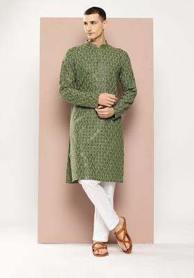 Green Embroidered Viscose Kurta Set For Men