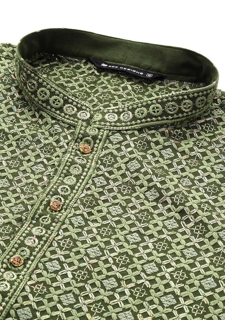 Green Embroidered Viscose Kurta Set For Men - Indya