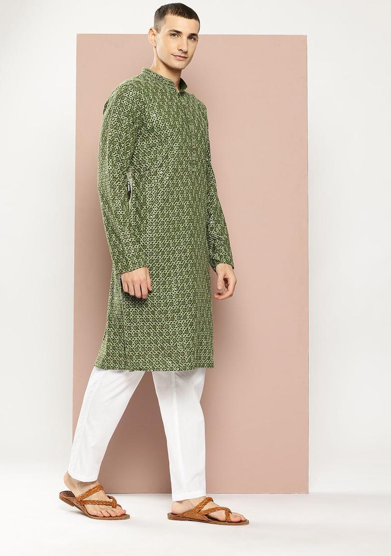 Green Embroidered Viscose Kurta Set For Men - Indya