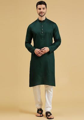 Green Self Design Cotton Kurta Set For Men