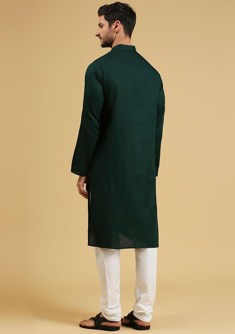 Green Self Design Cotton Kurta Set For Men - Indya