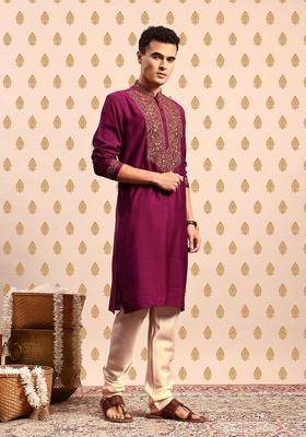 Purple Embroidered Cotton Kurta Set For Men