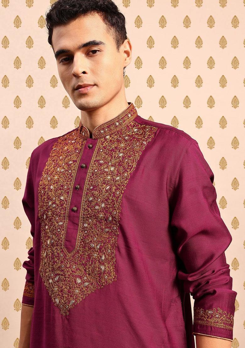 Purple Embroidered Cotton Kurta Set For Men - Indya