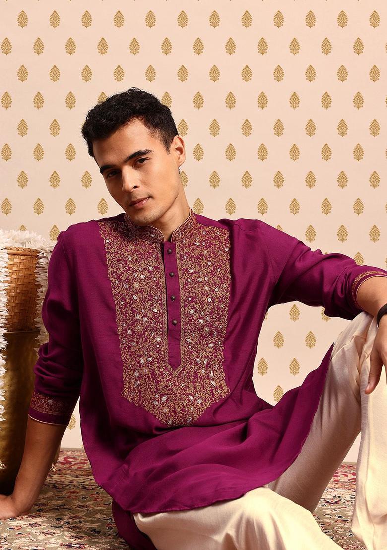 Purple Embroidered Cotton Kurta Set For Men - Indya