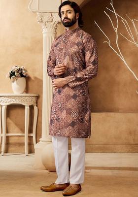 Brown Printed Cotton Kurta Set For Men