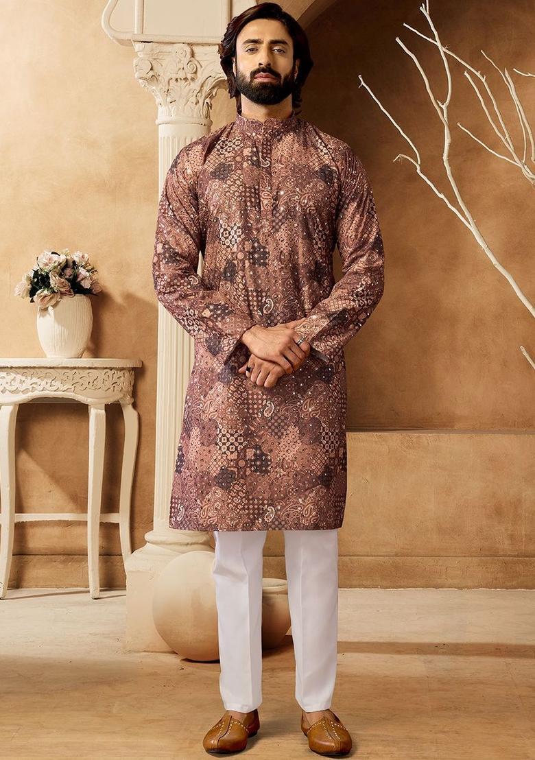 Brown Printed Cotton Kurta Set For Men - Indya