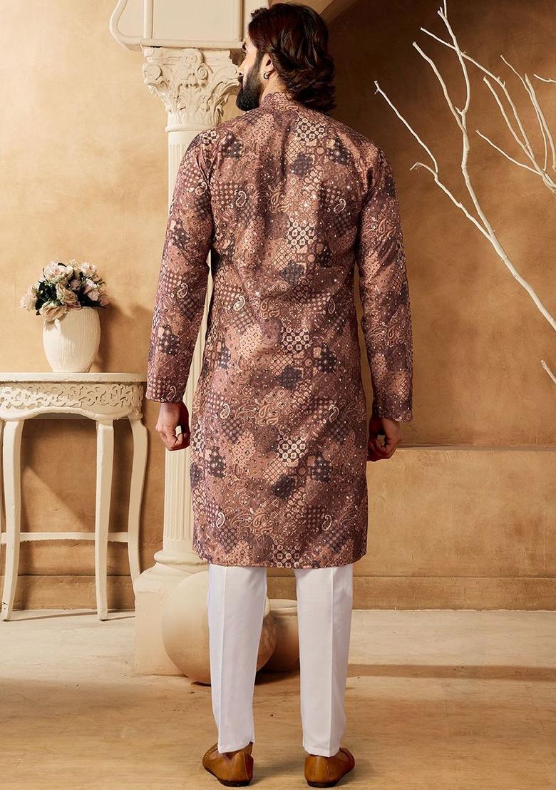 Brown Printed Cotton Kurta Set For Men - Indya