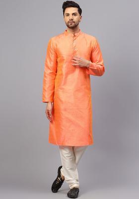 Peach Woven Design Silk Kurta Set For Men